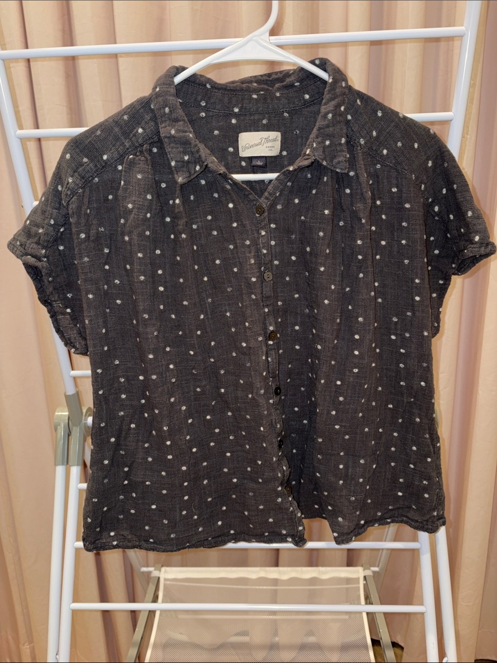 Dark Grey Dot-Print Button Front Women's Top